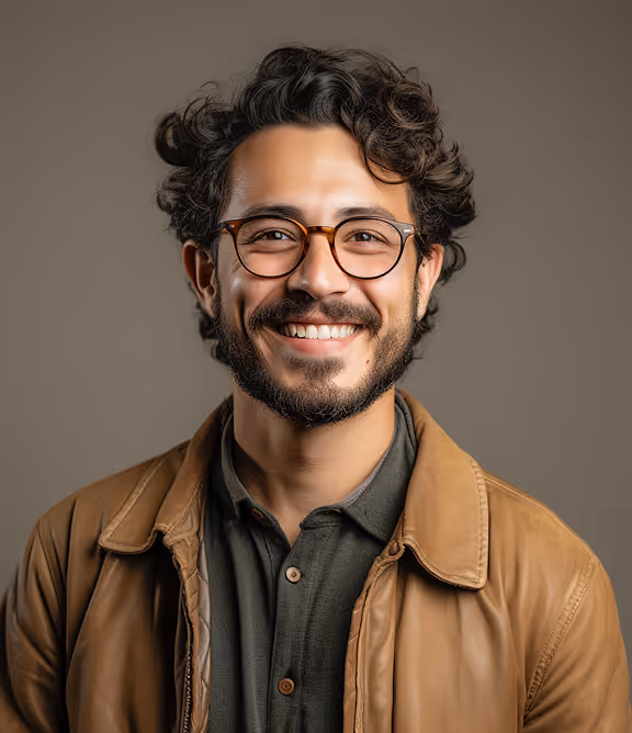 Smiling man with curly hair, beard, tortoiseshell glasses, wearing a brown leather jacket and dark green shirt against a plain background.