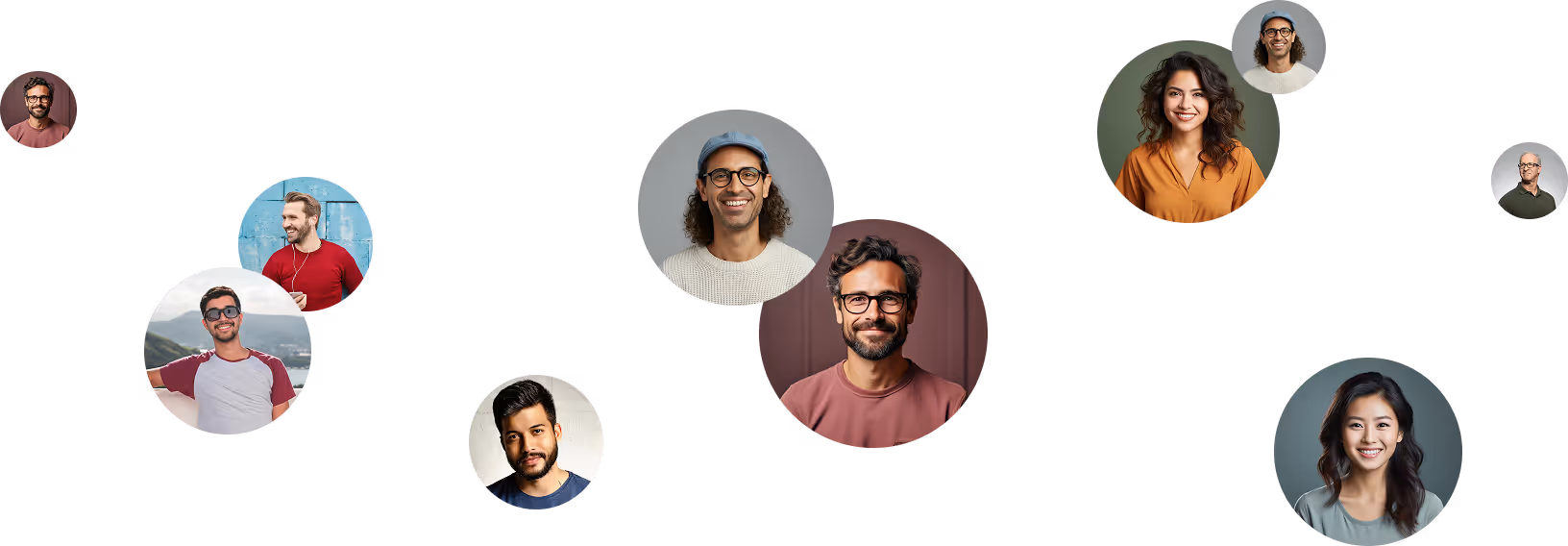 Collage of diverse smiling people in circular frames with different colored backgrounds.